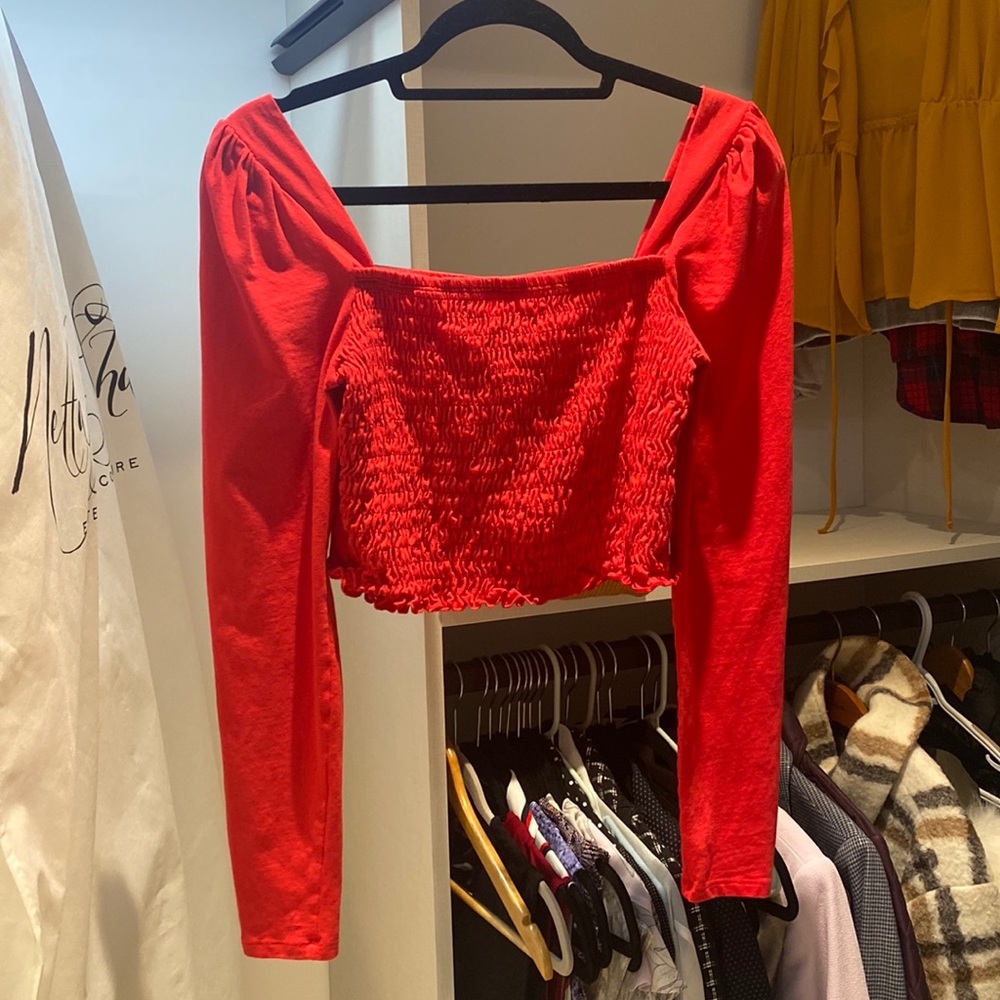 Red Topshop crop top with long sleeves